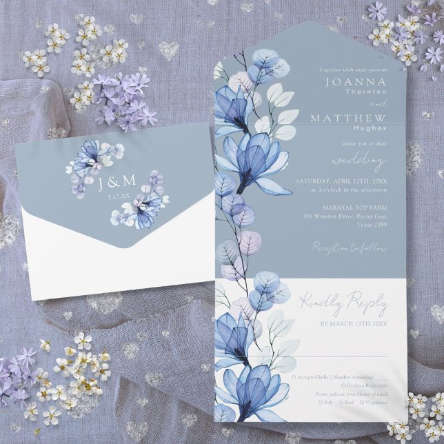 Transparente Blumenmonogramm Dusty Blue Wedding All In One Einladung (Transparent Floral Monogram Dusty Blue Wedding All In One Invitation)