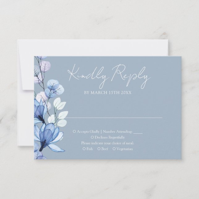 Transparente Blumenmonogramm Dusty Blue Wedding RSVP Karte (Vorderseite)
