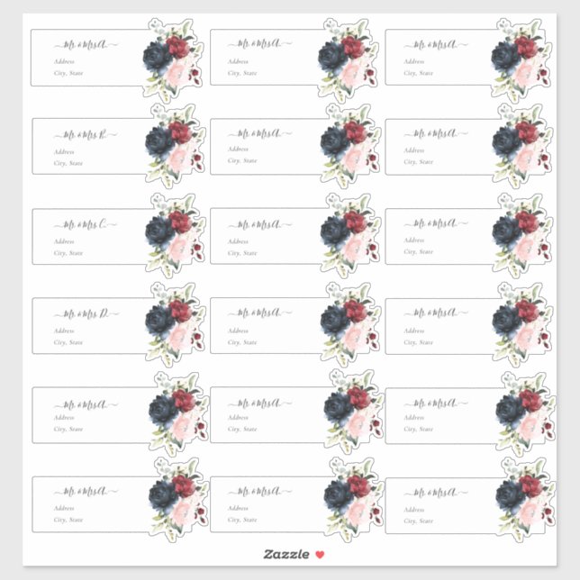 Transparente Gastadresse Blush Burgundy Navy Aufkleber (Blatt)