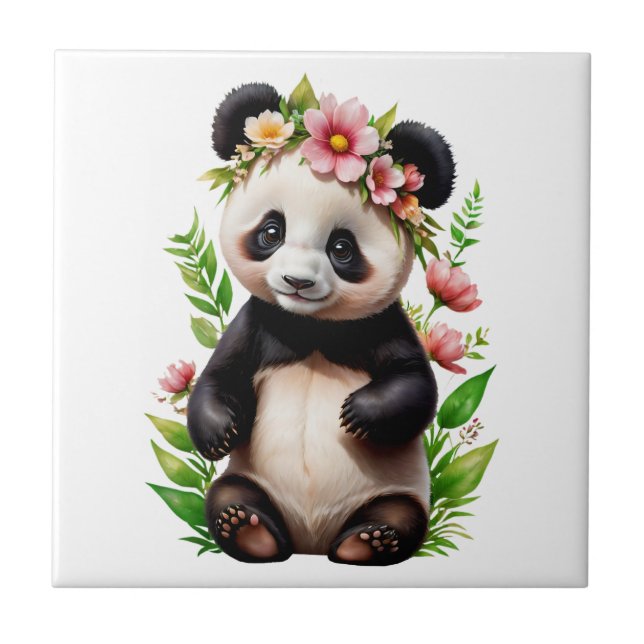 Transparenter Panda-Bär mit Blume Fliese (Vorderseite)