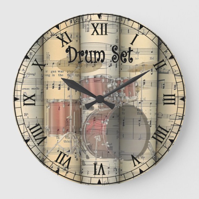 Transparentes Drum-Set ~ Vintage Noten Große Wanduhr (Vorderseite)