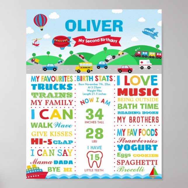 Transport 2. Geburtstag Meilenstein Geburtsstunde  Poster (Vorne)