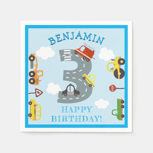 Transport 3. Geburtstag Party Napkins Serviette (Vorderseite)