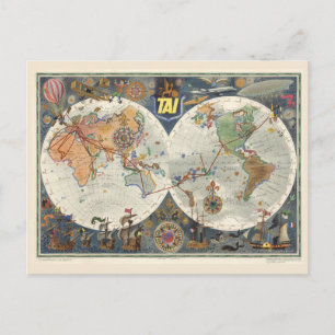Transport Aeriens Internationaux Weltkarte Postkarte