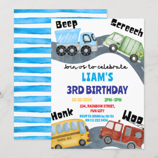 Transport Beep Screech Woo Boy Blue Geburtstag Einladung