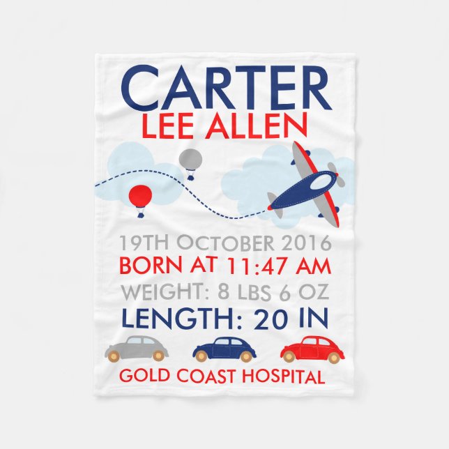 Transport-Geburts-personalisierte Fleece-Decke Fleecedecke (Vorderseite)