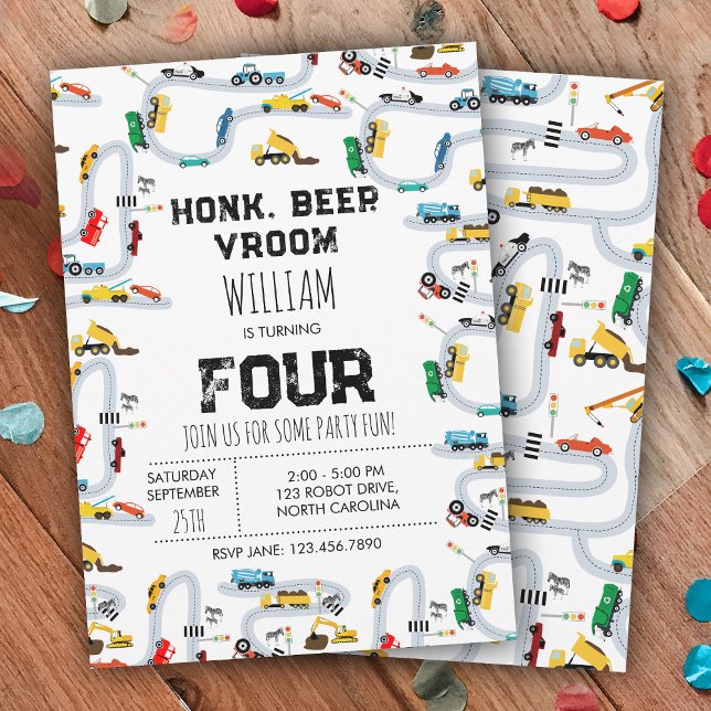 Transport Trucks Honk Beep Vroom Birthday Einladung (Transportation Trucks Honk Beep Vroom Birthday Invitation)