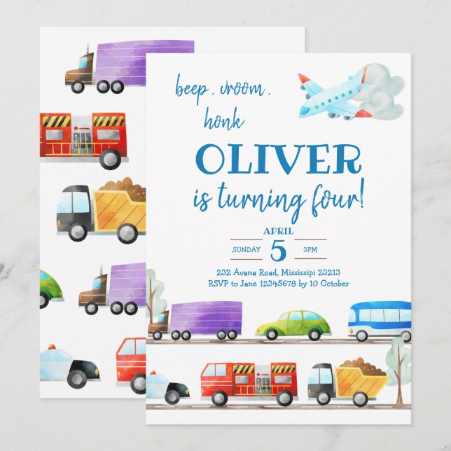 Transportboy zum Geburtstag Einladung (Vorne/Hinten)