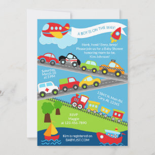 Transportfahrzeuge Junge Baby Shower Einladung. Einladung