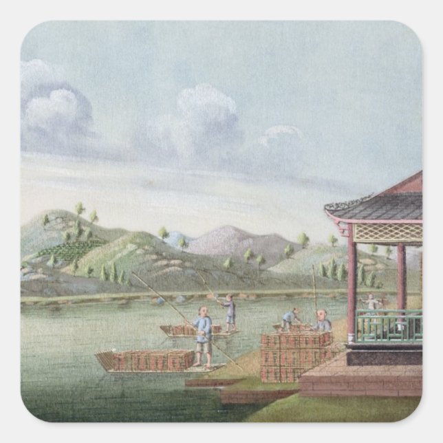 Transporting crates of tea (w/c on paper) quadratischer aufkleber (Vorderseite)