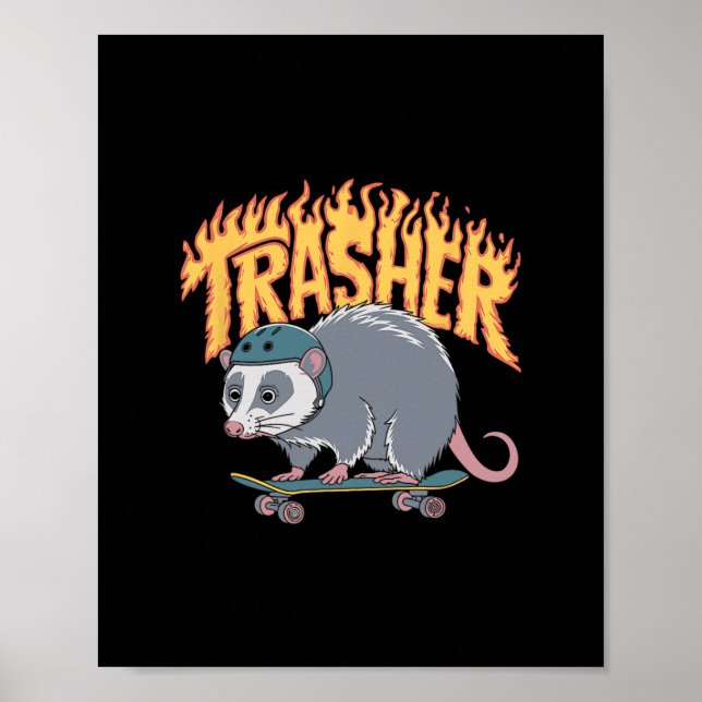 Trasher Skateboarding Opossum Helm Flammen Skate  Poster (Vorne)