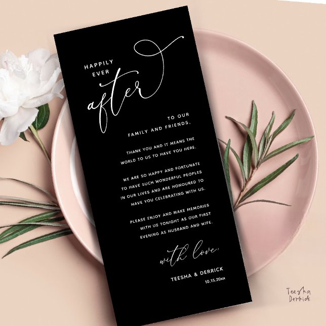 Trau-Dankeschön-Karte für das Hochzeitsdinner Programm (Welcome and Thanks, Happily Ever After Modern Wedding Dinner Thank You Card in Classy Black White)