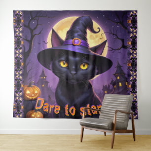 Trau Dich Zu Starren Schwarze Katze Hexenhut Orang Wandteppich