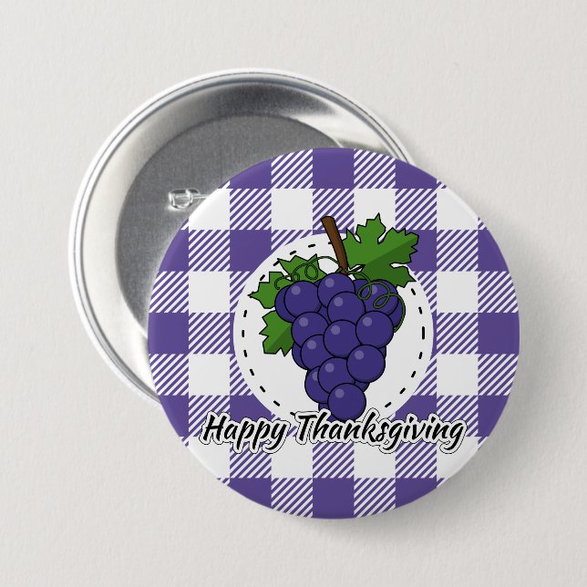 Trauben auf Kariertem Violett - Glückliches Ernted Button (Vorne & Hinten)