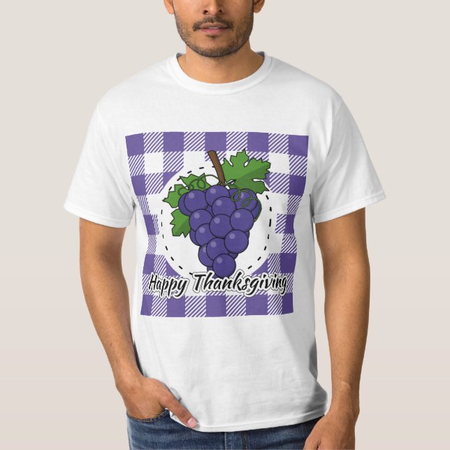 Trauben auf Kariertem Violett - Glückliches Ernted T-Shirt (Vorderseite)