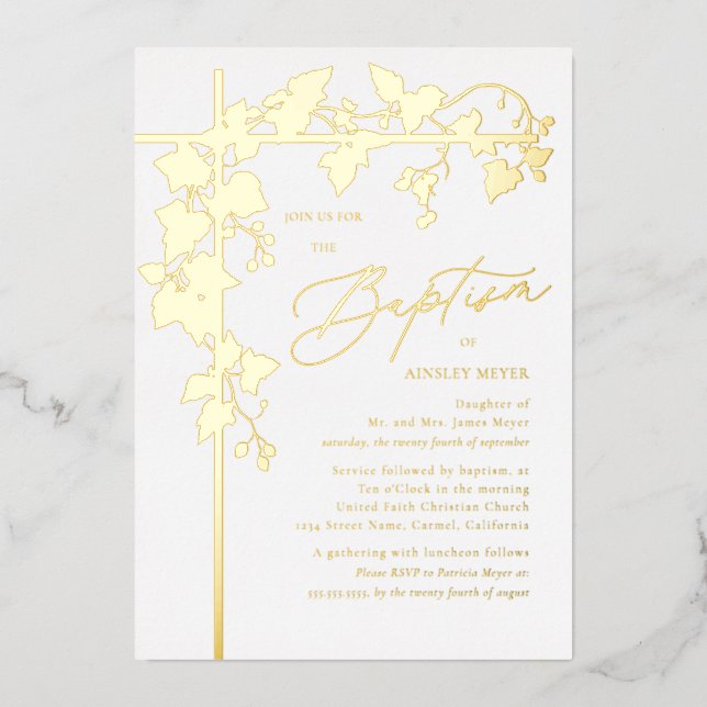 Trauben Blätter Gold Botanische Taufe Folieneinladung (Vorderseite)