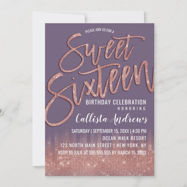 Trauben Lila Rose Gold Glitzer Typografie Sweet 16 Einladung (Vorderseite)