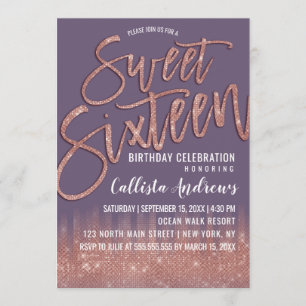 Trauben Lila Rose Gold Glitzer Typografie Sweet 16 Einladung
