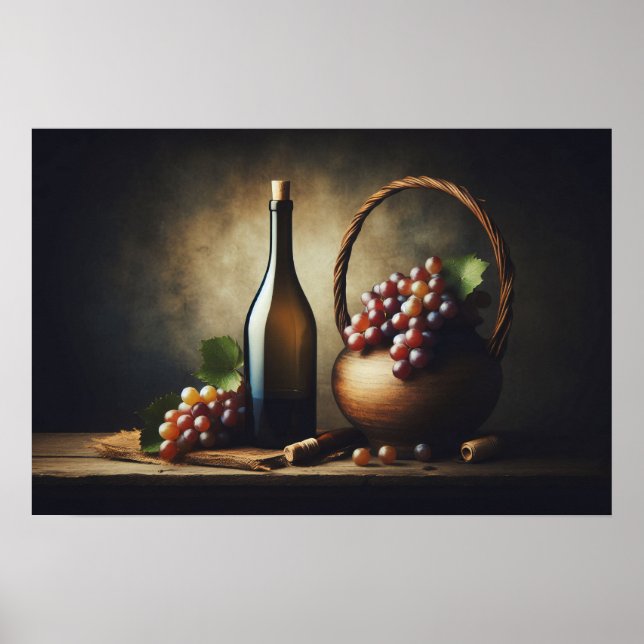 Trauben und eine Flasche Wein Stillleben Poster (Vorne)