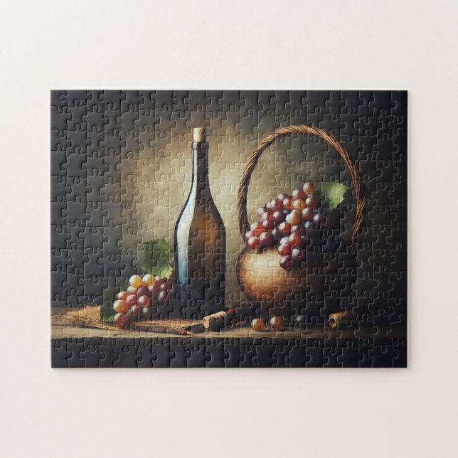 Trauben und eine Flasche Wein Stillleben Puzzle (Horizontal)