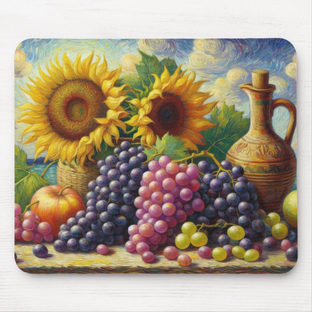 Trauben und Sonnenblumen Ölgemälde Mousepad (Vorne)