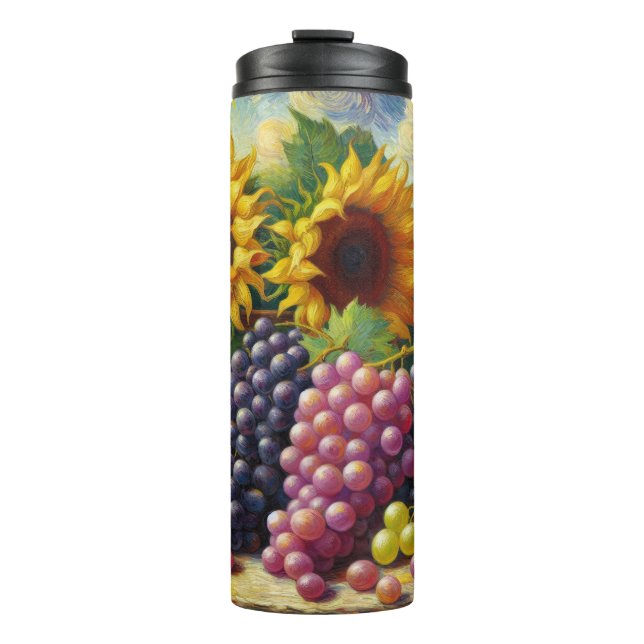 Trauben und Sonnenblumen Ölgemälde Thermosbecher (Vorderseite)