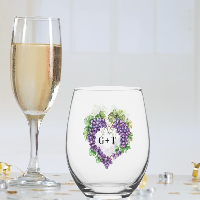 Traubenherz-Monogramm-Initialen Hochzeit Weinglas Ohne Stiel (Von Creator hochgeladen)