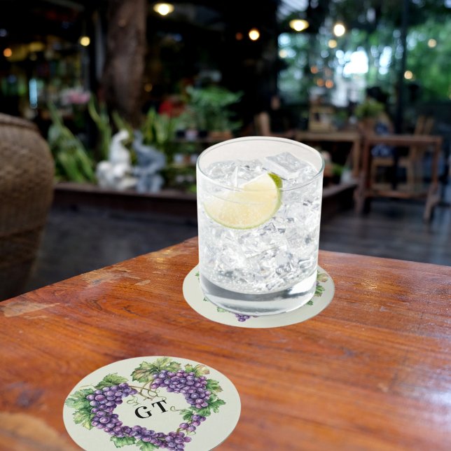 Traubenherzmonogramm-Initialen Runder Pappuntersetzer (Von Creator hochgeladen)