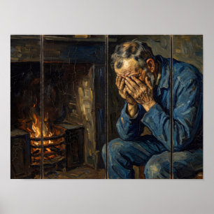 Trauer alter Mann am Kamin Gemälde Poster