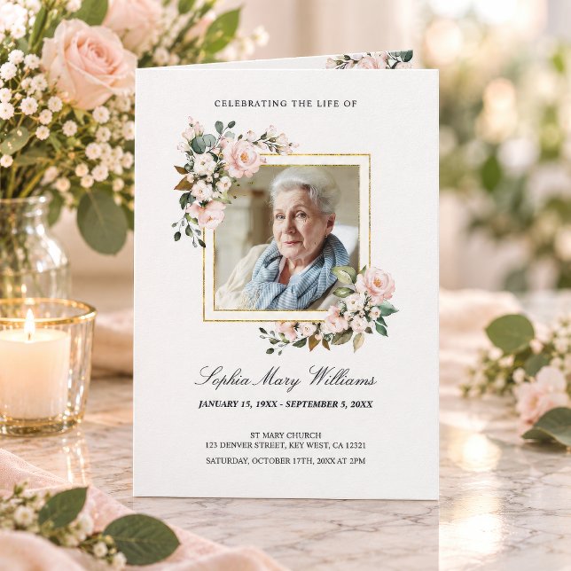 Trauerfeier | Blumengedächtnisprogramm Programm ("Celebrating the Life Of" funeral program with white floral gold frame photo, personalized)