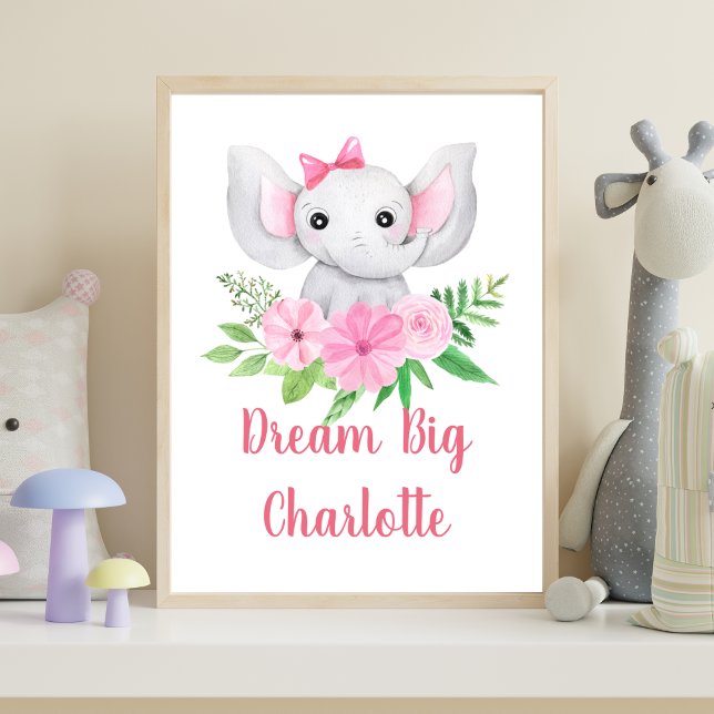 Traum Big Pink Elephant Baby Girl Kinderzimmer Kun Poster (Pink Elephant Baby Girl Nursery Wall Art, Dream Big Personalized Baby Gift)