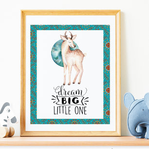 Träume groß Reh Boho Blau Rand Kinderzimmer Kunstp Poster