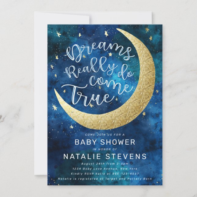 Träume wahrhaftig Treue zu Moon Stars Kinderdusche Einladung (Vorderseite)