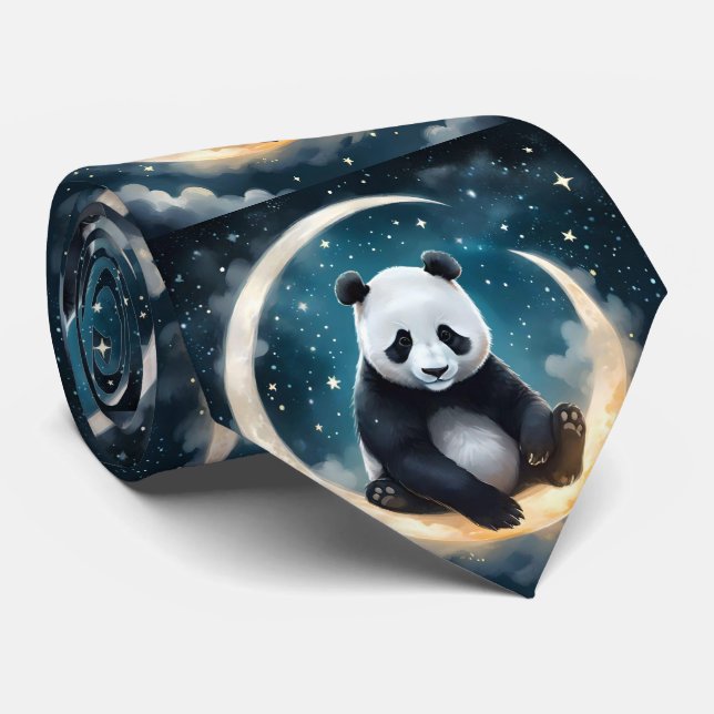 Träumen im Mondlicht: Pandas Celestial Serenade Krawatte (Gerollt)
