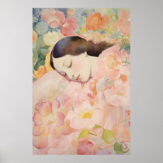 Träumen in Blüten – Aquarell Schlafende Frau Poster