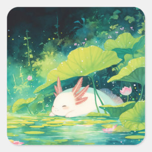 Träumen unter Lilies: Axolotls ruhiger Retreat Quadratischer Aufkleber