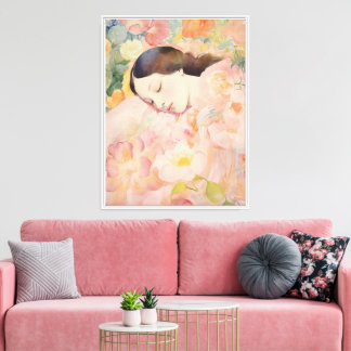 Träumend in Blüten – Aquarell Schlafende Frau Leinwanddruck