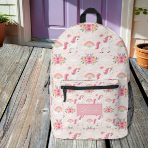 Träumende Einhörner, Regenbogen, Blumen, Name Bedruckter Rucksack