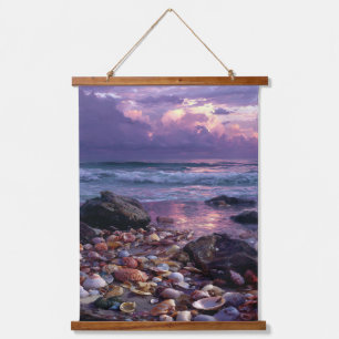Träumende lila Sonnenuntergang-Küstenlandschaft-Ku Wandteppich Mit Holzrahmen