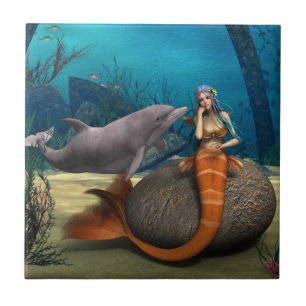 Träumende Meerjungfrau Delfin Unterwasser Fantasy Fliese