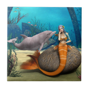 Träumende Meerjungfrau Delfin Unterwasser Fantasy Fliese