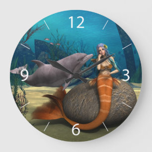 Träumende Meerjungfrau Delfin Unterwasser Fantasy Große Wanduhr