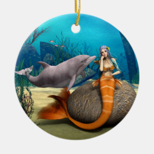Träumende Meerjungfrau Delfin Unterwasser Fantasy Keramik Ornament