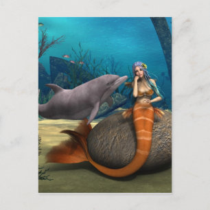 Träumende Meerjungfrau Delfin Unterwasser Fantasy Postkarte