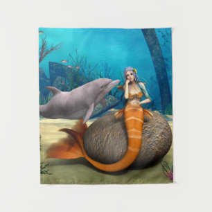 Träumende Meerjungfrau Delfin Unterwasser Fantasy Wandteppich