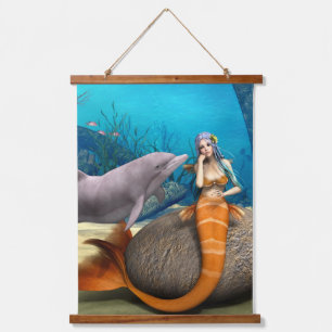 Träumende Meerjungfrau Delfin Unterwasser Fantasy Wandteppich Mit Holzrahmen