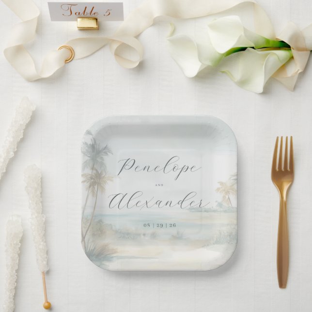 Träumende Pastell-Strandszene Pappteller (Hochzeit)