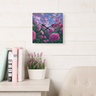 Träumende rosa Pfingstrosen-Gartenkunst Quadratische Wanduhr