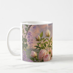 Träumende, sanfte Szene einer üppigen, floralen Kaffeetasse