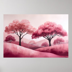 Träumende Wasserfarbenlandschaft Pink Tree Hills Poster